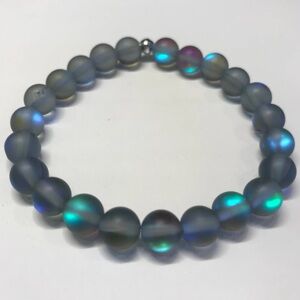 Blue Iridescent Beaded Bracelet Magic Mermaid Bracelet 6-7” Matte Glass Stretch